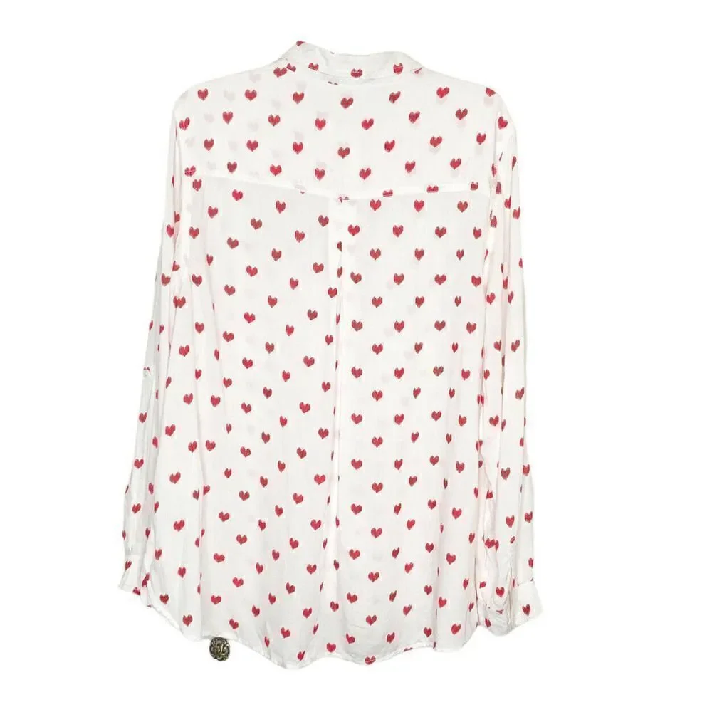 BeachLunchLounge Collection Women’s White Red Heart Button Down Blouse- No Size
